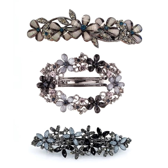 3PCS Fancy Barrettes for Women's Hair - 2.4" Small Sparkly Non-Slip Luxurious Flower Metal French Clasps Accessories for Thin Fine Hair - Women Girls