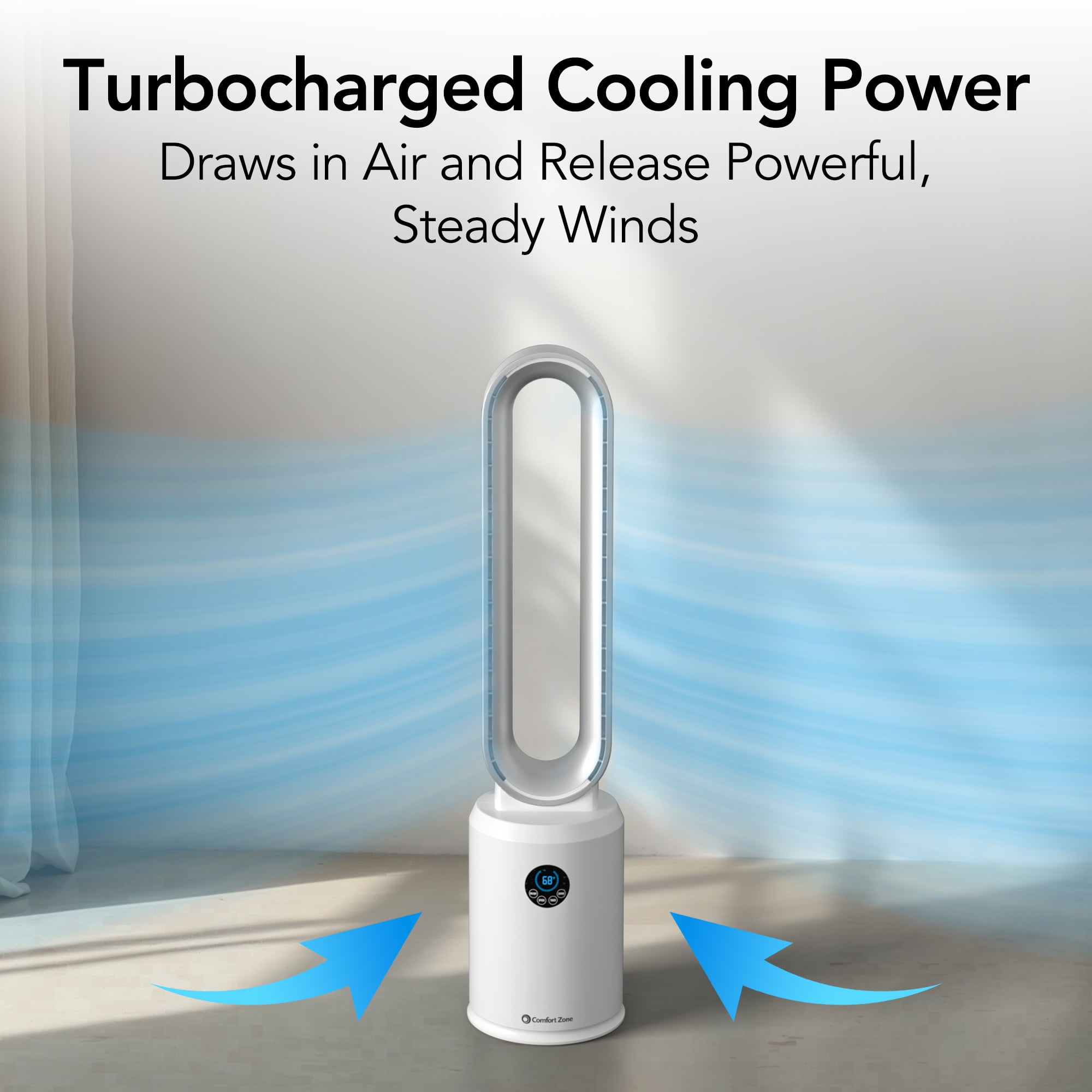 Comfort Zone 40" Bladeless Tower Fan with Remote Control, 9H Timer, White