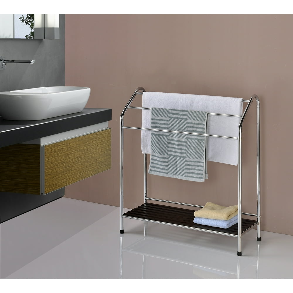 Maadai Chrome Metal & Walnut Wood Modern 3 Bar & Shelf Free Standing