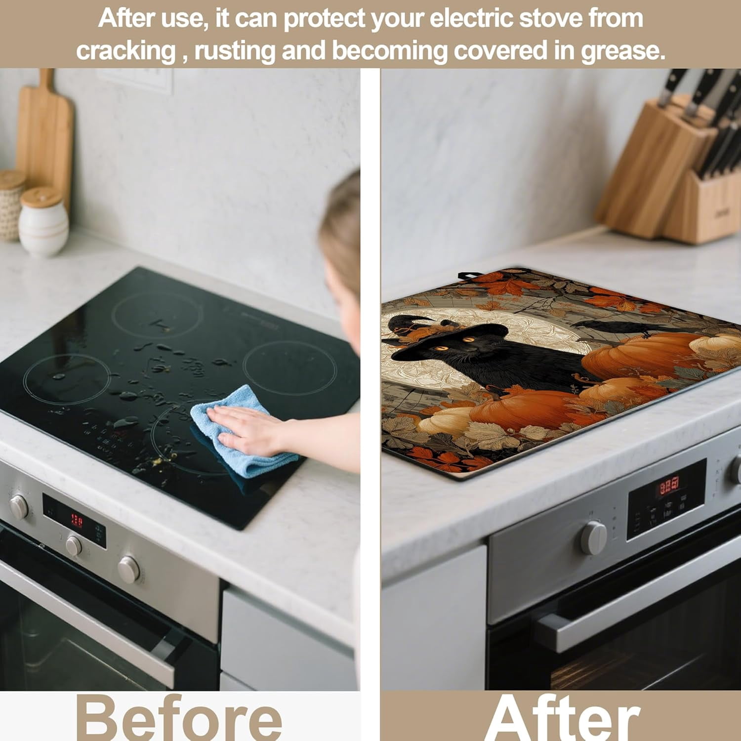 Stove Top Covers for Electric Stove,Halloween Black Cat Stove Top Protector Thick Rubber Dish Drying Mat for Kitchen Cooking Ceramic Countertop 28.5“ x 20.5“
