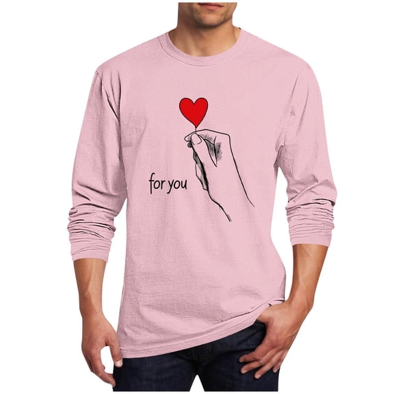 LJEFF Men's Valentine's Day Long-Sleeve Shirt, Crew Neck Heart Print Casual Regular Fit Men's Tees White