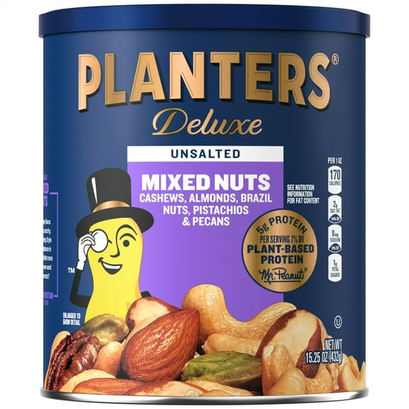 PLANTERS Deluxe Unsalted Mixed Nuts, Party Snacks, Plant Based Protein, 15.25 oz Steel Can