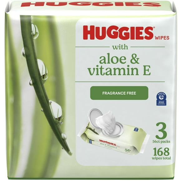 Huggies Aloe & Vitamin E, UNSCENTED, 3 Flip Top Packs, 168 Wipes