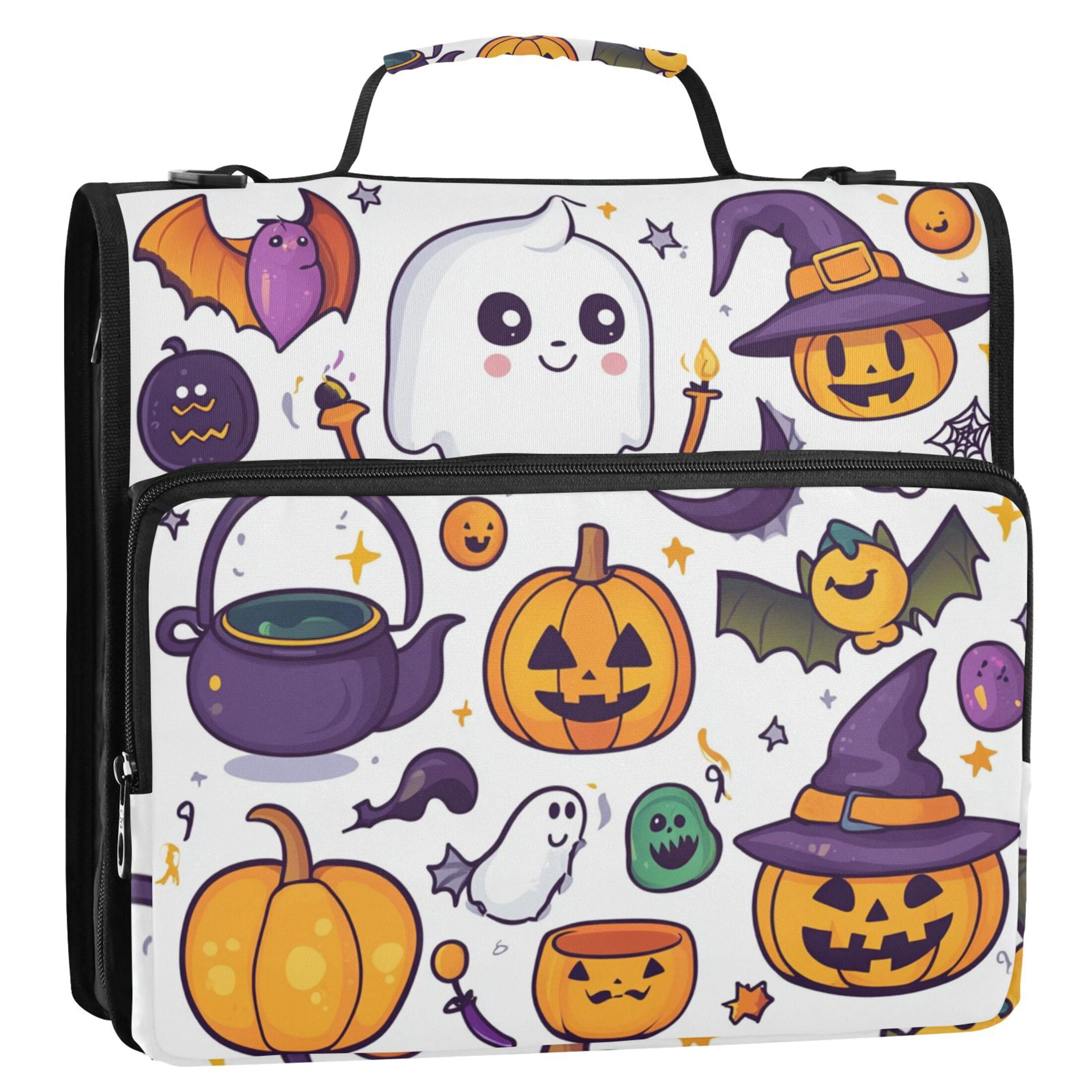 3 Ring Zipper Binder with Shoulder Strap Waterproof Trapper Keeper 2 Inch D-Ring 500 Sheets Capacity Cartoon Ghost Pumpkin Bats