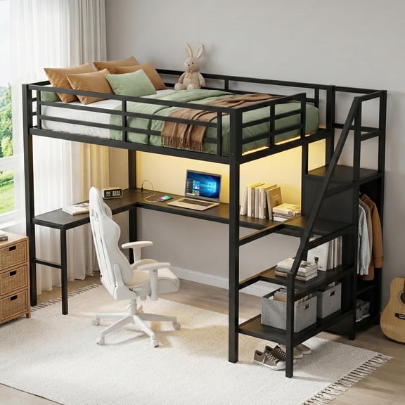 FIRSCOOK Full Size Loft Bed with L-Shaped Desk, Storage Stairs & Wardrobe, Metal Loft Bed Frame with LED Lights & Charging Station for Bedroom and Apartment, Black