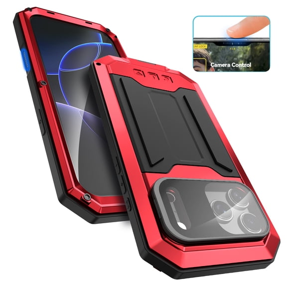 Metal Phone Case for iPhone 18 Pro Max, Heavy Duty Aluminum Silicone Full Body Rugged Cover with Tempered Glass Screen Protector,Red