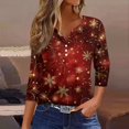 thumbnail image 2 of WTOBBY Women's Christmas Snowflake Tree Print V-Neck Decorative Button 3/4 Sleeve T-Shirt, Ladies Holiday Fashion Top for Seasonal Wear, Comfortable Casual Blouse,Deep Red XL, 2 of 5