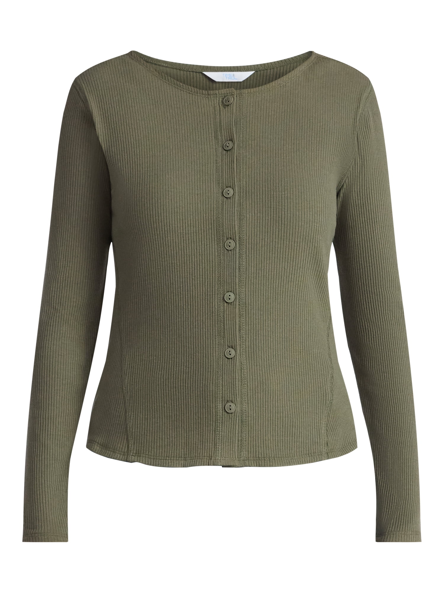 Time and Tru Women's Ribbed Knit Button Front Top with Long Sleeves, Sizes XS-XXXL