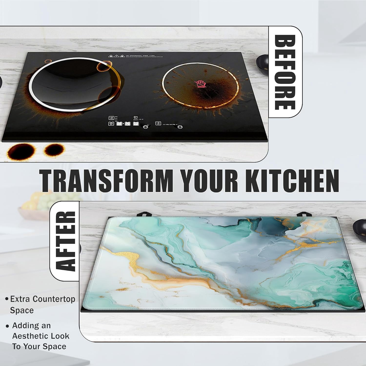 Electric Stove Top Cover,Green Gold Marble Stove Cover for Glass Top Electric Stove,ModernAbstract Heat Resistant Flat Top Stove Mat Countertop Protector, 28 x 20 Inch