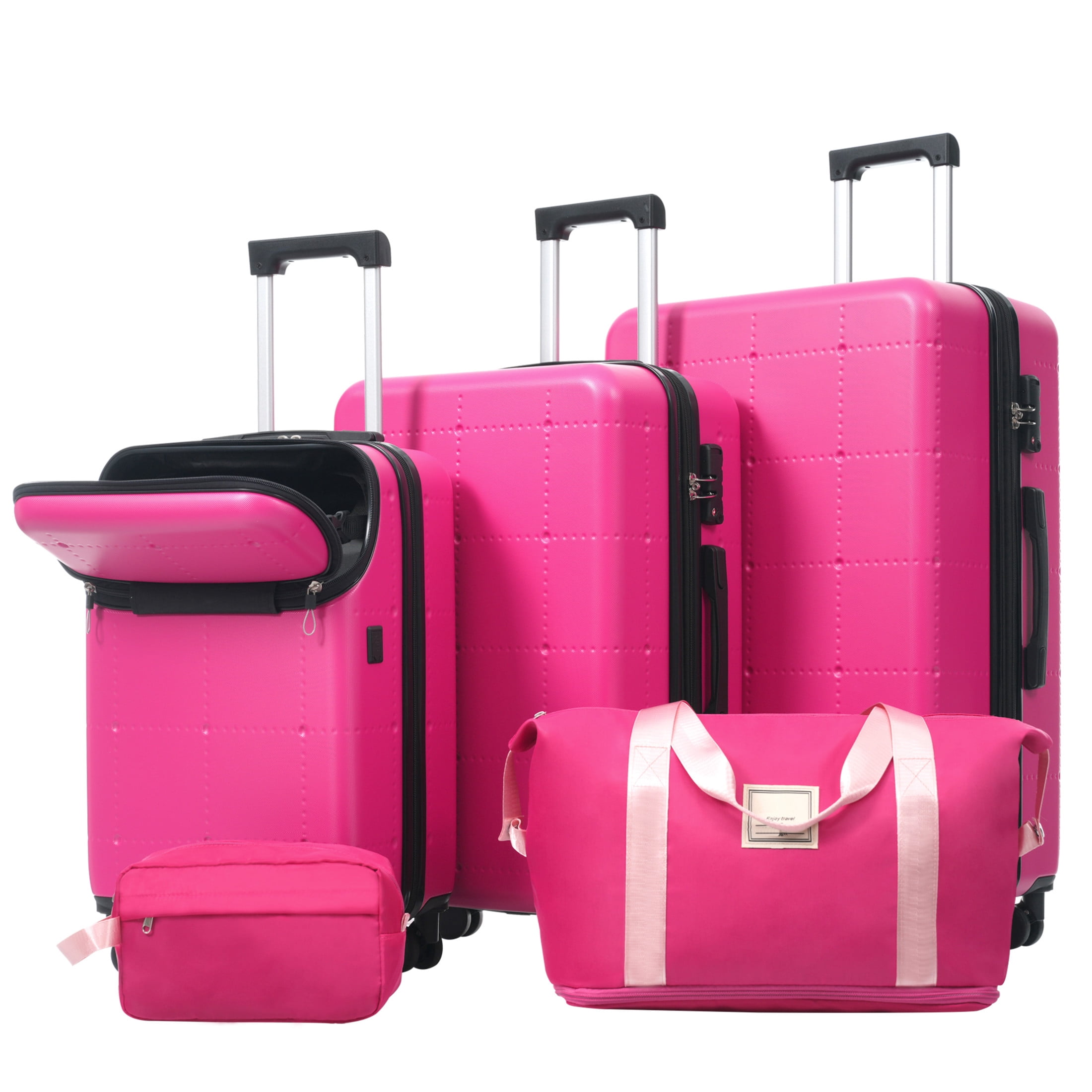 GDF Studio 5-Piece Hardside Luggage Set, Carry-On Suitcase with USB Port and Checked Bags, Spinner Wheels, Pink