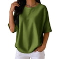 thumbnail image 4 of Elbow Length Tops Women Dressy Waffle Knit Crew Neck T Shirts Trendy Summer Loose Cute Blouses Half Sleeve Basic Tees Army Green M, 4 of 4