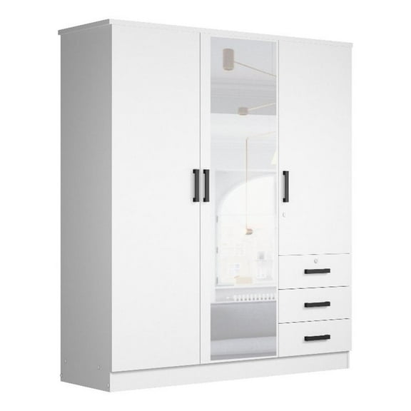 Pemberly Row Engineered Wood Wardrobe Armoire with Mirror in White