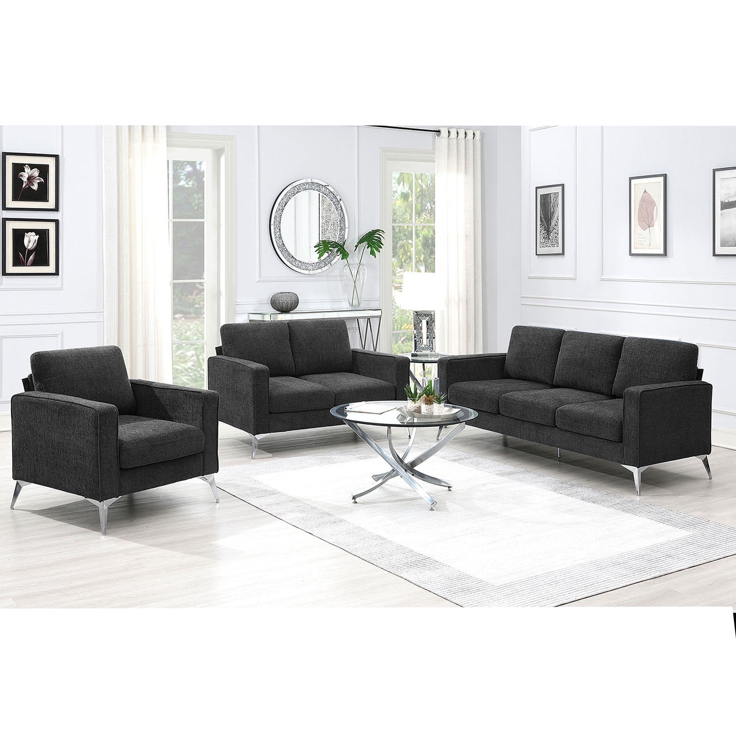 Kadyn Modern 3-Piece Sofa Sets, Upholstered 3-Seat Sofa with Sturdy Metal Legs, Loveseat and Single Chair for Living Room Furniture Set, Dark Grey