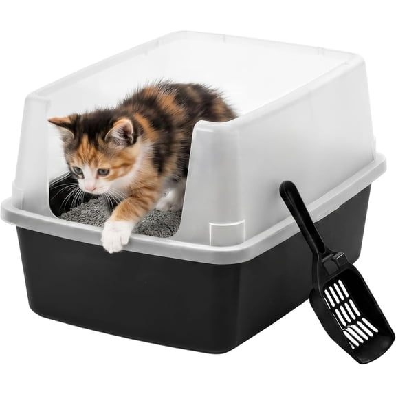 IRIS Cat Litter Box Small, High Sided, Scatter Shield, Black