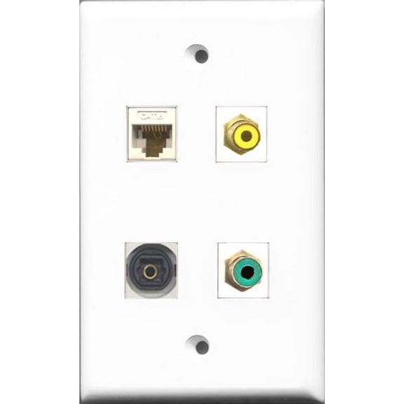 RiteAV 1 Port RCA Yellow and 1 Port RCA Green and 1 Port Toslink and 1 Port Cat6 Ethernet White Wall Plate