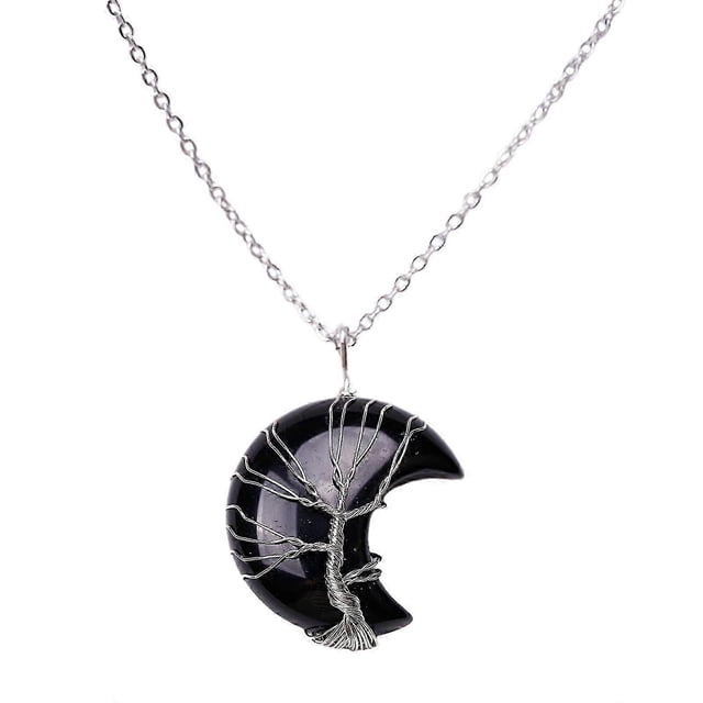 Wire Wrap Tree of Life Crescent Moon Pendant Necklace Crystal Stone Resin Pendant Necklaces for Women Men Collarbone Chain