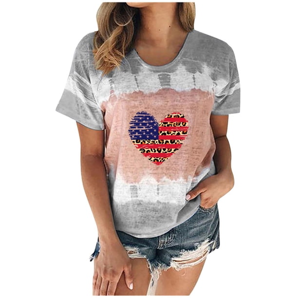 Día de la Independencia Moda Mujer Casual Cuello redondo Manga corta Impreso Señoras Tops Blusa Pompotops hkajfhjk467295