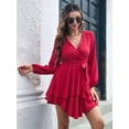 thumbnail image 6 of Women'S Short Dress Long Sleeve Deep V-Neck Waist Tie Ruffle Mini Swing - Dresses Wine Red XL, 6 of 8