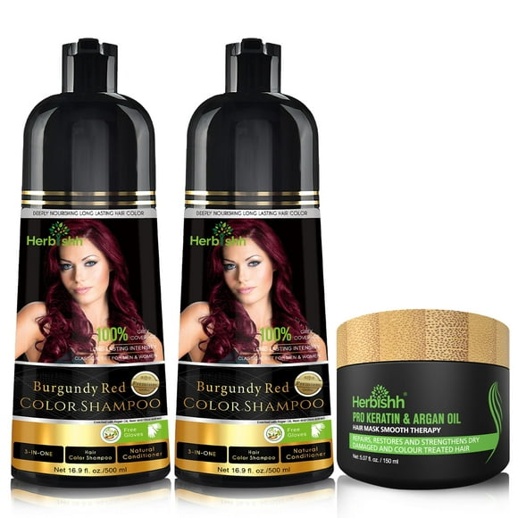 Herbishh Champú tinte capilar + 1pc Mascarilla capilar de argán - Tinte para el Cabello Combo Pack-2pcs (Rojo Borgoña)