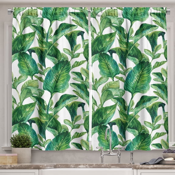 Ambesonne Leaf Kitchen Curtains, Watercolored Banana Tree, 55"x39", Forest Green Dark Green