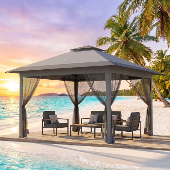 HOTEEL 12x12 EZ Pop Up Gazebo Tent with Sidewalls,Patio Gazebo Instant Shelter for Outdoor Party Camping Backyard Beach with Carry Bag,Stakes,Ropes,Gray