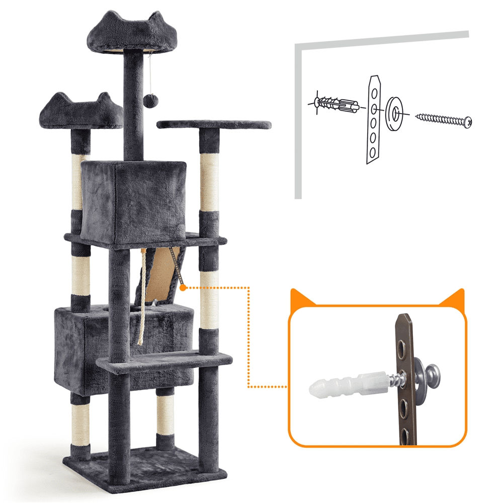 Yaheetech 72″ H Cat Tree with 2 Condos & 3 Top Platform & Scratching Posts, Dark Gray