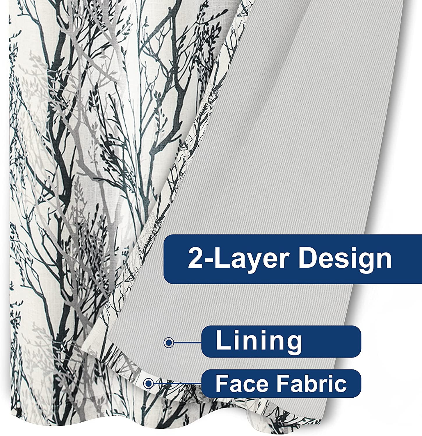 DriftAway Tree Branch Linen Blend Botanical Pattern Painting Blackout Room Darkening Thermal Insulated Grommet Lined Window Curtains 2 Panels 2 Layers Each 52 Inches by 84 Inches Gray