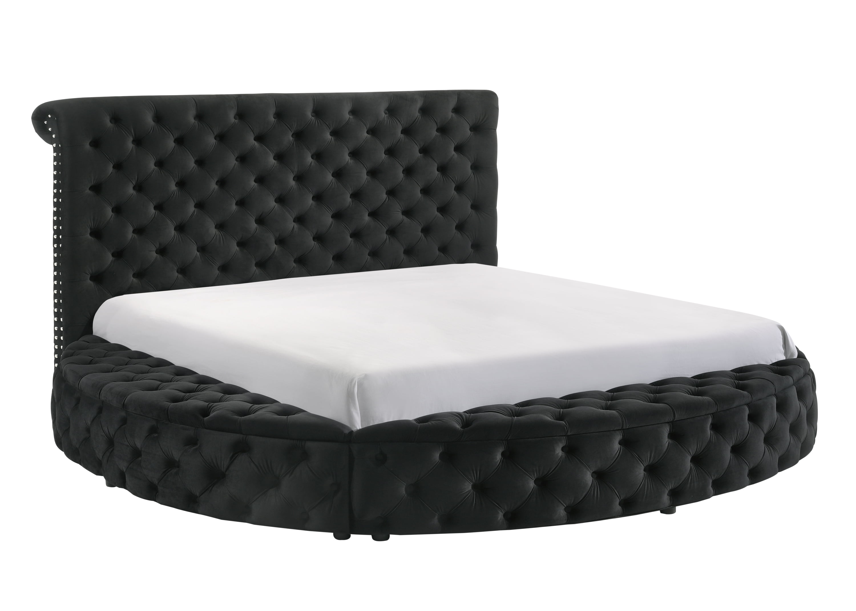 Bed Frame 1pc Unique Round Plush Black Velvet Button-Detailing Storage Bed King Size