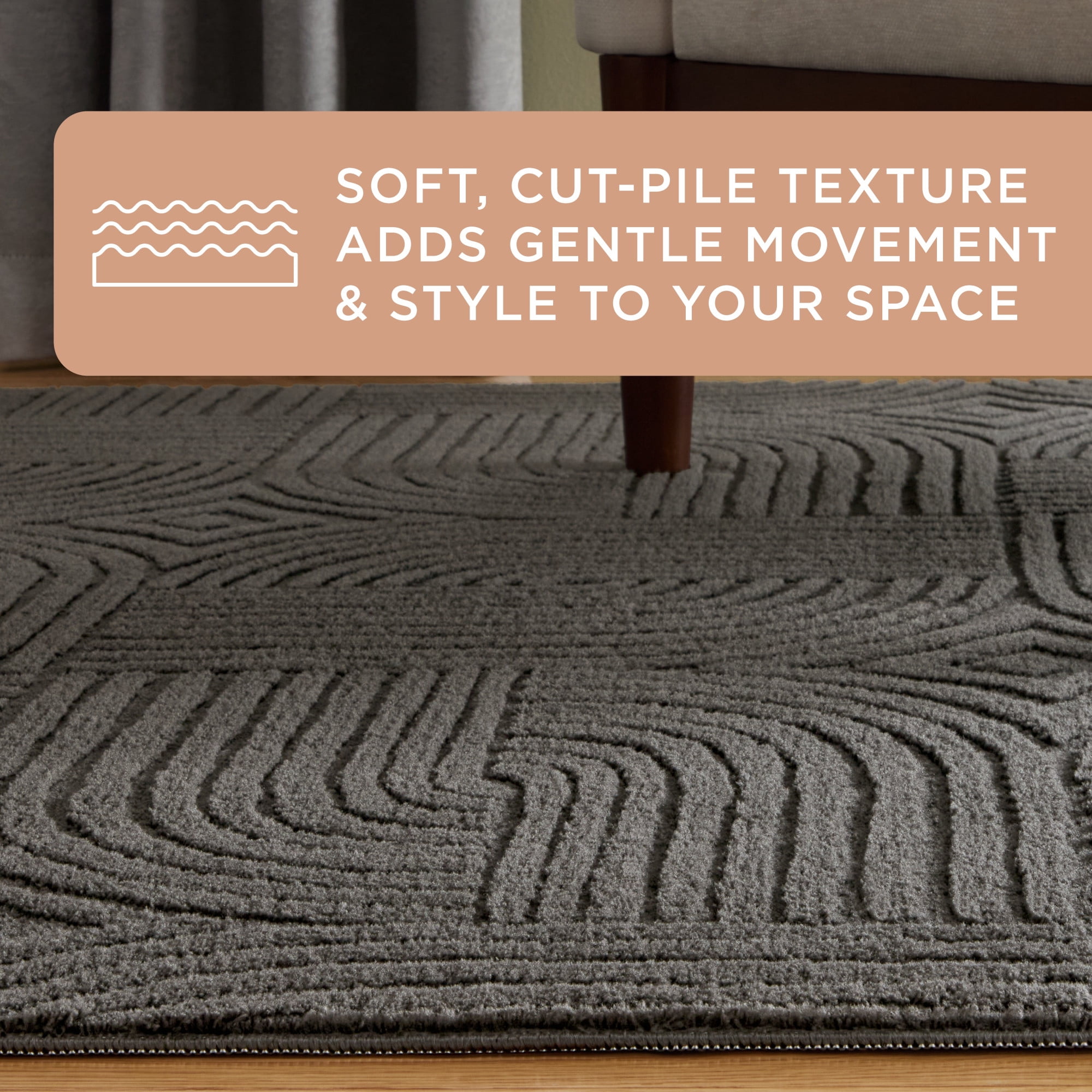 TOWN & COUNTRY EVERYDAY Stone Geo Curve Soft Felt Everwash®, Machine Washable Area Rug with Non-Slip Backing, Geometric Rug, Charcoal Grey, 1'7"x2'11"