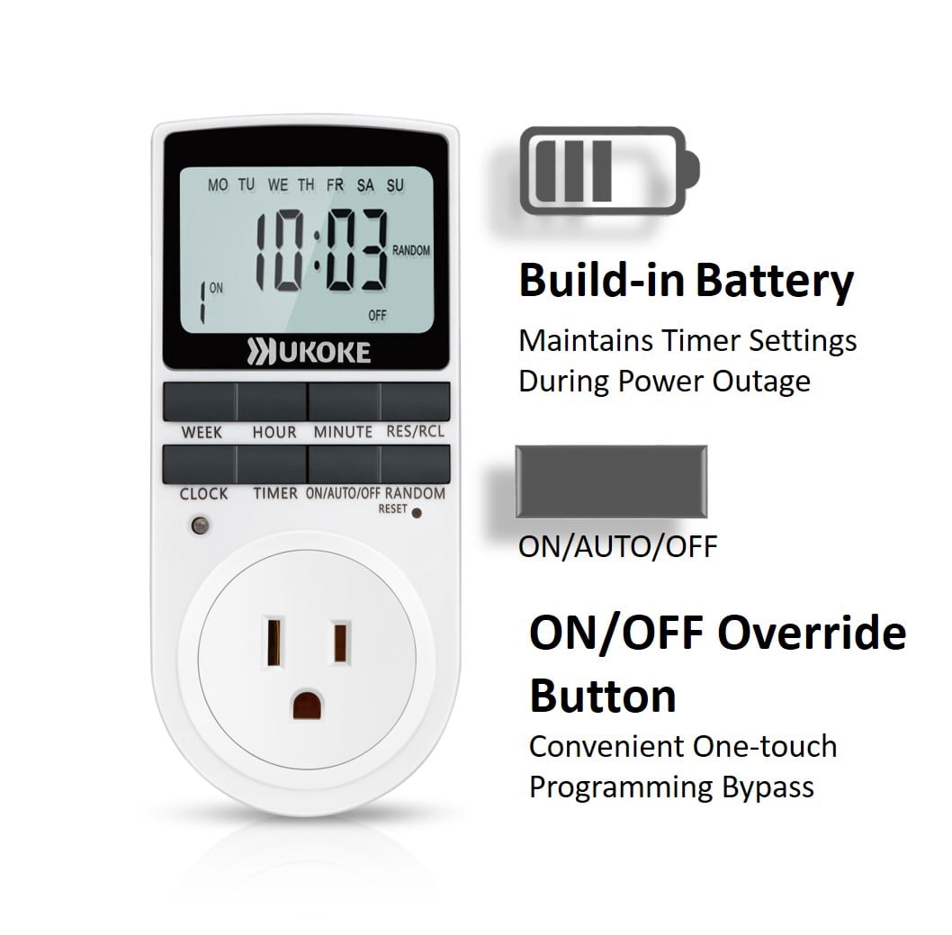 Ukoke Appliance Timer with Outlet, Weekly Programmable, 1 Pack