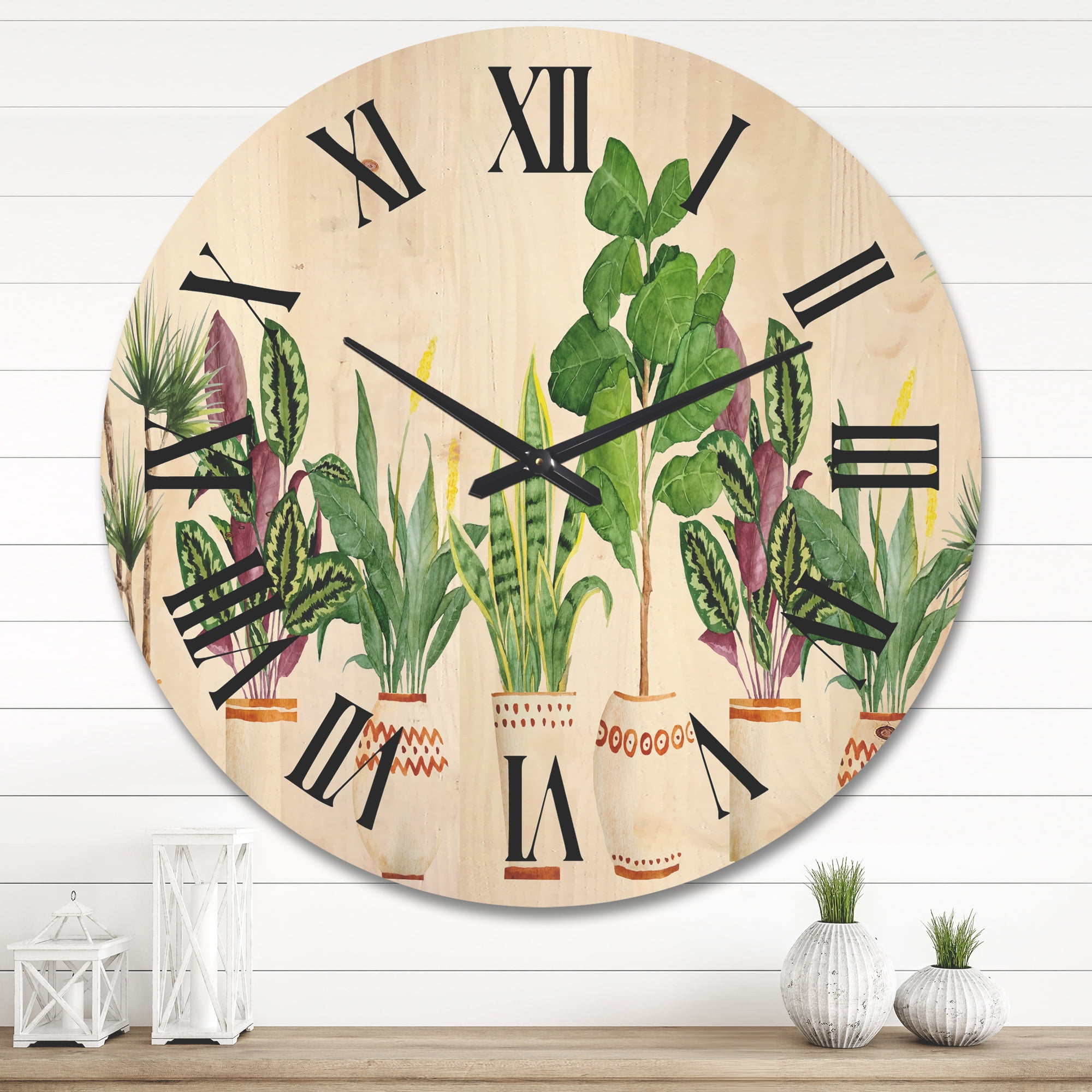 Designart 'Trio of Houseplants Sanseviera Snake Plants On White' Farmhouse Wood Wall Clock