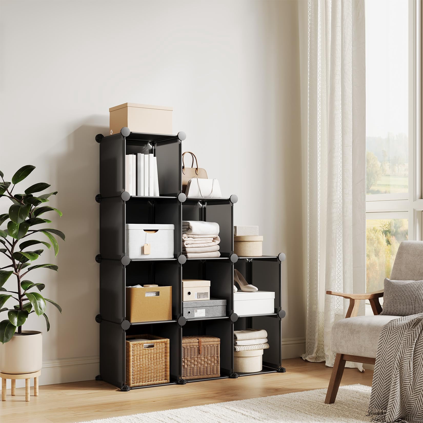 9 Cube Storage Organizer, DIY Modular Bookshelf & Closet Organizer, Plastic Stackable Shelving Cubes with Feet & Rubber Mallet