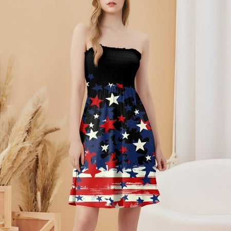 CHCNHAC 4th Of July Sundresses for Women 2025 Stars and Stripes Print Dresses Patriotic Cute Flowy Swing Strapless Wedding Guest Dress Vermilion XL