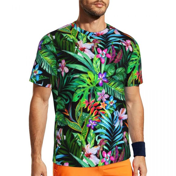 T Shirt For Men Tropical Floral Fest Leaves Print Harajuku Sports Short-Sleeved Quick Dry Tops Summe