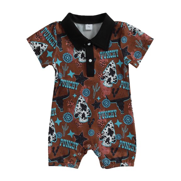 Canrulo Newborn Baby Boy Western Clothes Cow Print Lapel Short Sleeve Romper Jumpsuit Summer Outfits Brown 6-12 Months