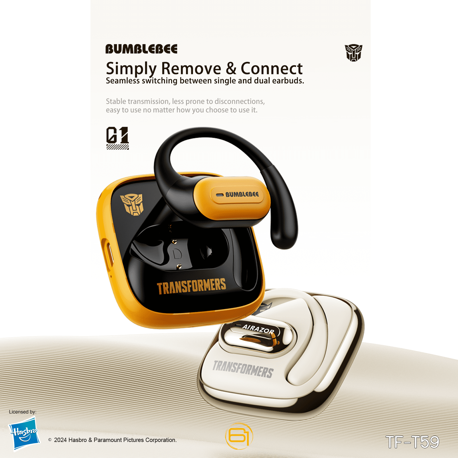 Transformers TF-T59 Ear-Hook True Wireless Bluetooth Earbuds with Mic, Low Latency Game/Music Modes, 13mm Drivers, Secure Fit Sport Headphones, IPX5 Waterproof Deep Bass Sound – Bumblebee Yellow
