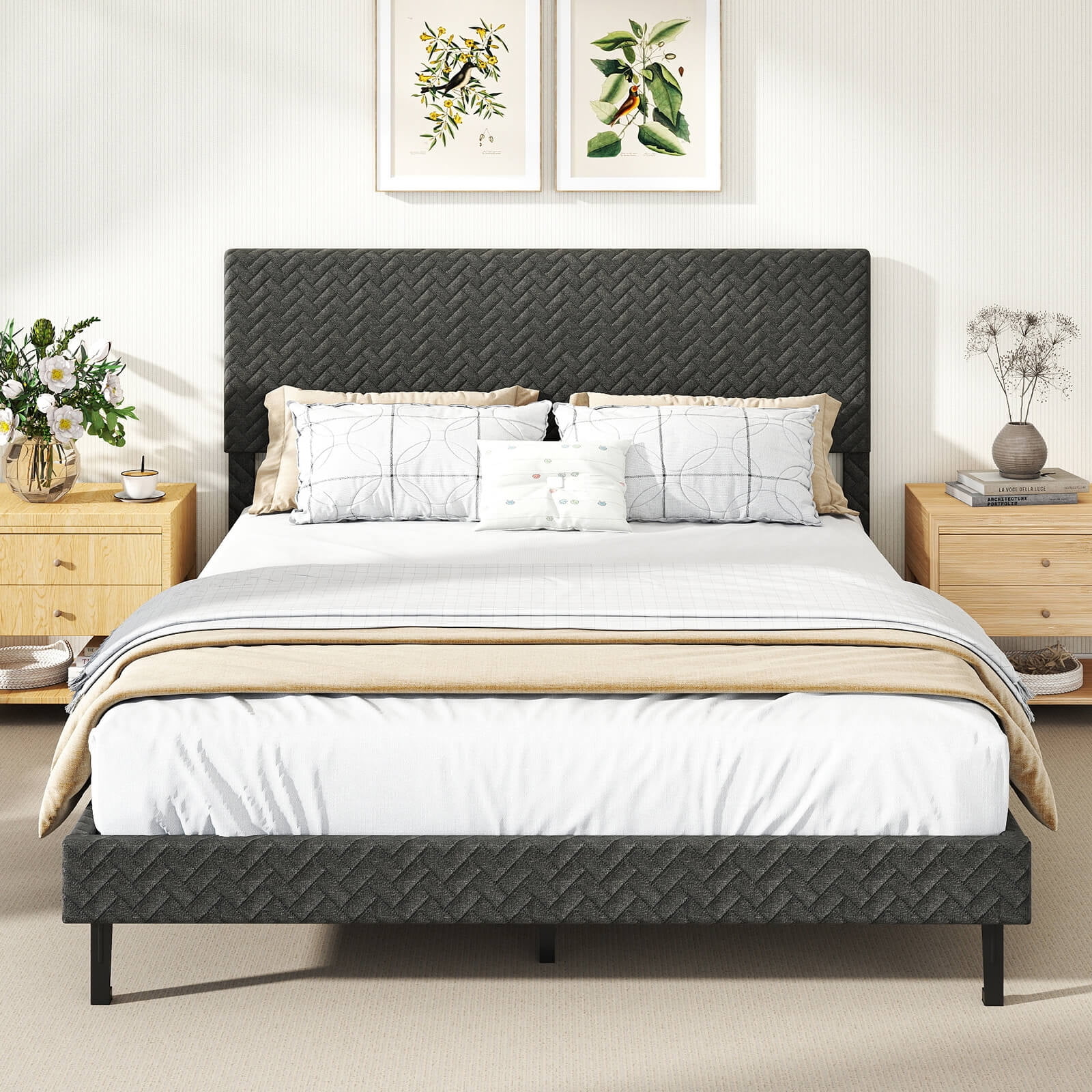 Costway Queen Size Bed Frame with Height Adjustable Chevron Headboard, No Box Spring Needed Gray