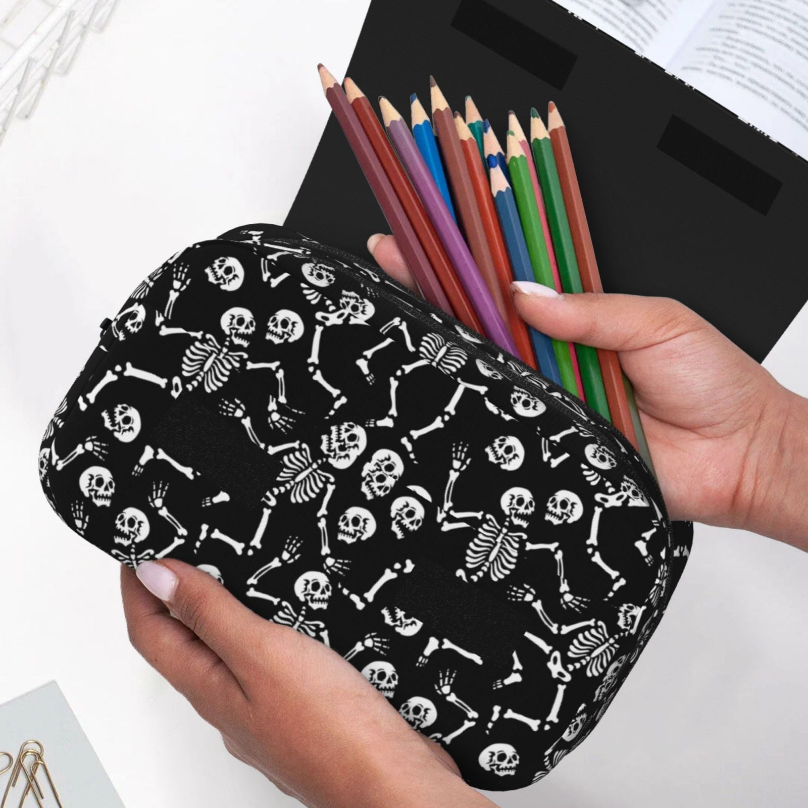 Rateoe Skeletons Dancing Pattern Double Clamshell Pen Case, Storage Organizer with Two Zipper Compartments– Holds Up to 50 Pencils & Pens