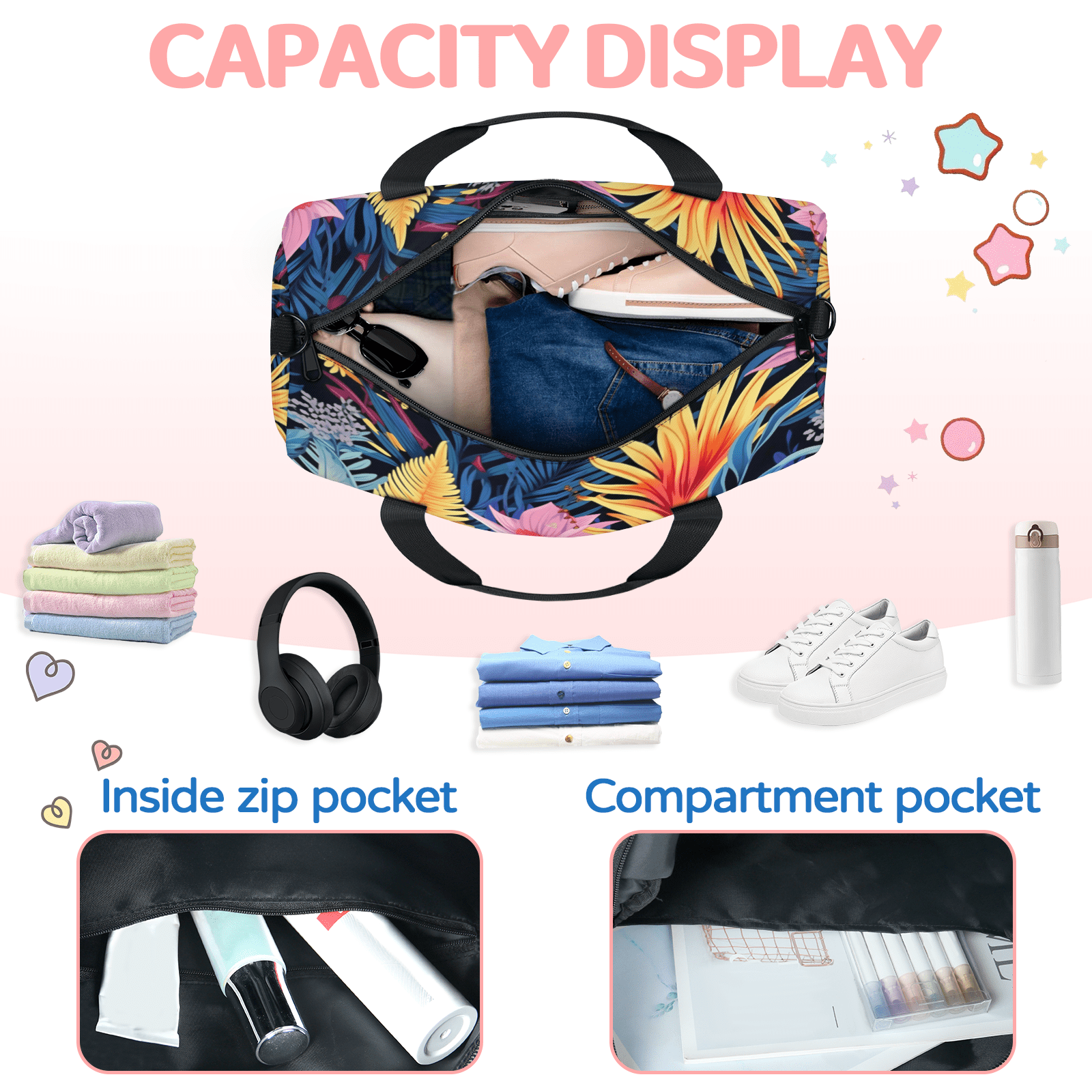 Herdesigns Colorful Floral Travel Duffle Bag Sports Yoga Weekender Overnight Carry on Workout Bags Lightweight Waterproof Gym Tote Bag for Women