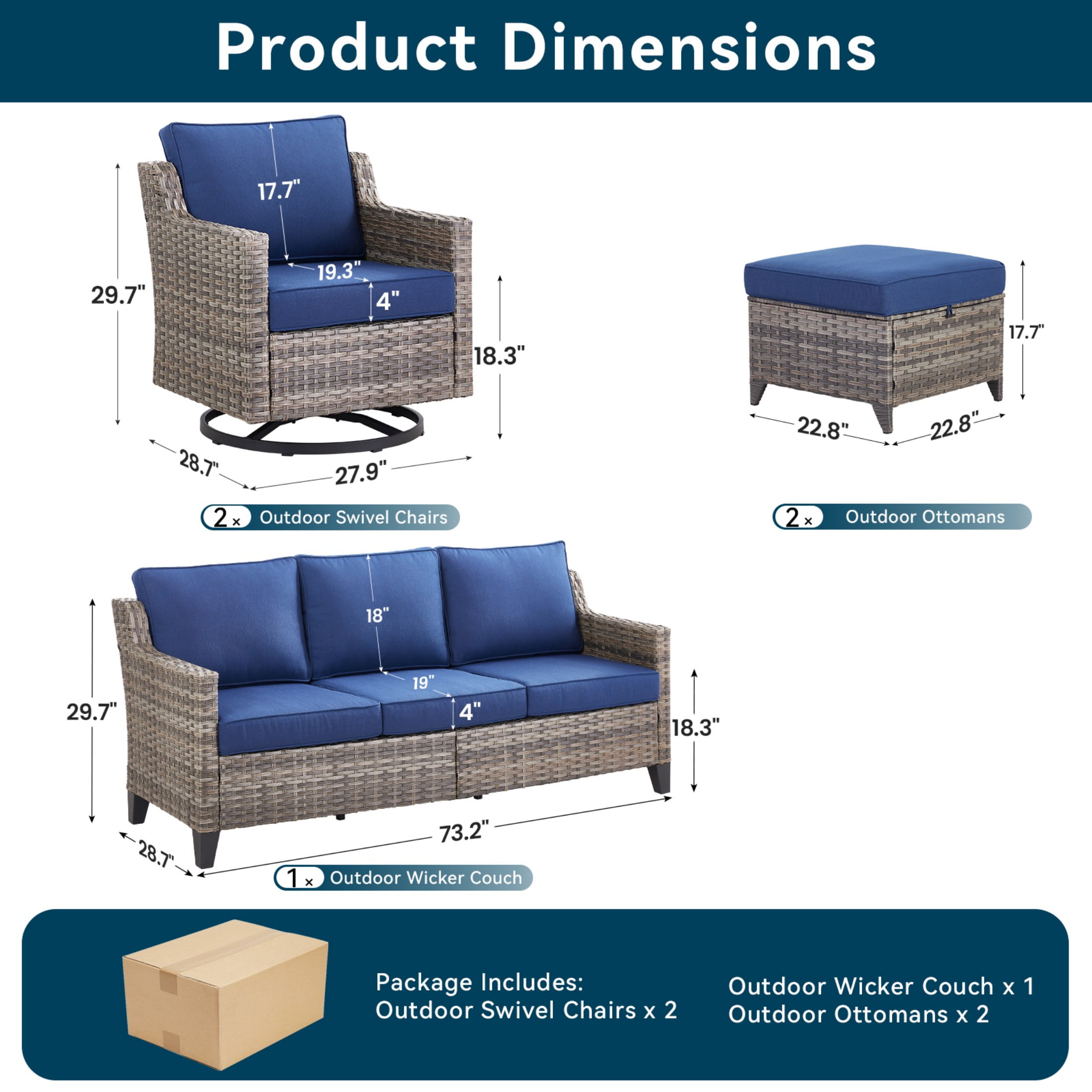 Unnifurnzi Patio Furniture Set-5 Pieces All Weather Wicker Outdoor Furniture Outdoor Swivel Rocking Chairs with Patio Couch Outdoor Patio Furniture Set for Porch Balcony Deck-Gray/Blue
