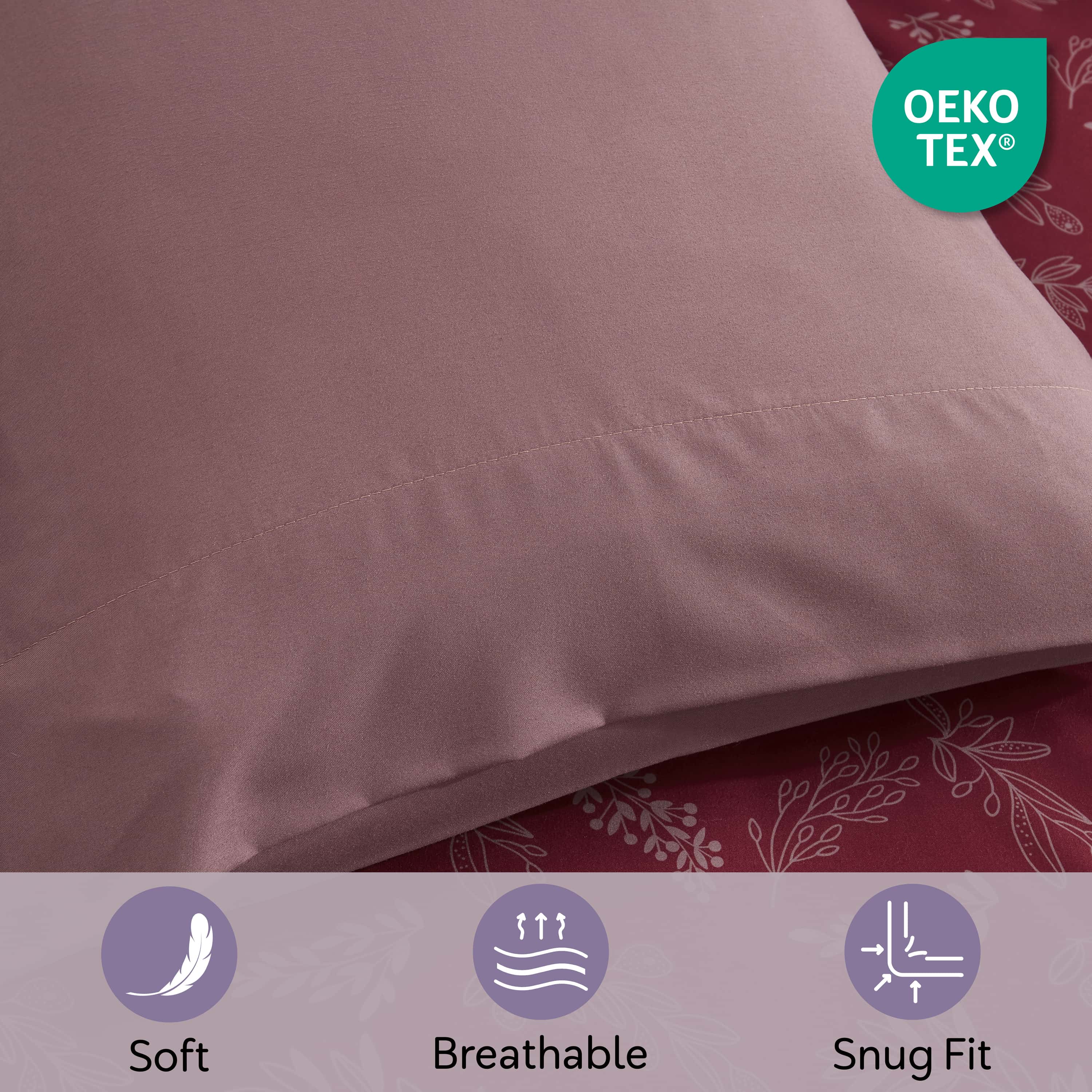 LammaLoe Queen Comforter Set, 7 Piece Botanical Bed in a Bag, Reversible Bedding Comforter Set with Sheets, Modern Queen Bed Set, Mulberry/Smoky Lavender