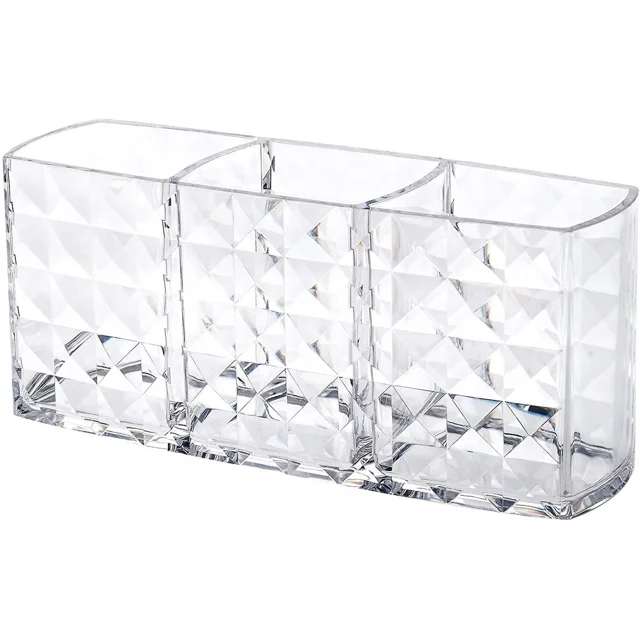 Porta brochas de maquillaje con 3 compartimentos, organizador de lápices de cejas acrílico transparente pequeño y brillante para tocador