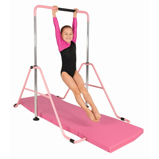 ToyKraft Folding Gymnastics Bar with Gymnastics Mat Set, Expandable Horizontal Kip Bar for Kids, Adjustable Gymnastic Bar Home Training Gymnastics Equipment, Pink