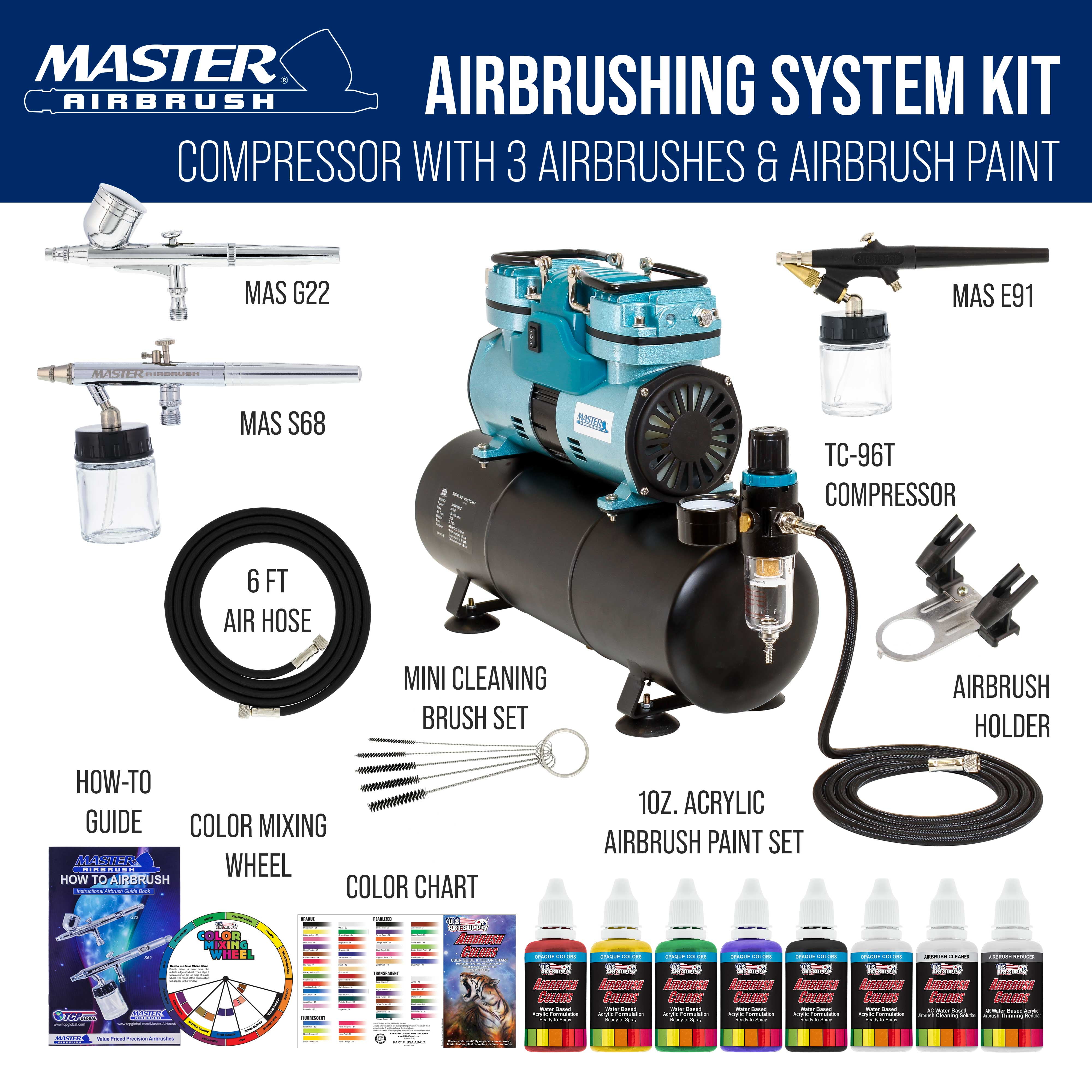 Powerful Master Airbrush Airbrushing System with 3 Airbrushes, 6 U.S. Art Supply Primary Colors Acrylic Paint Set - Cool Running 1/4 hp Twin Cylinder Piston Air Compressor with Air Storage Tank