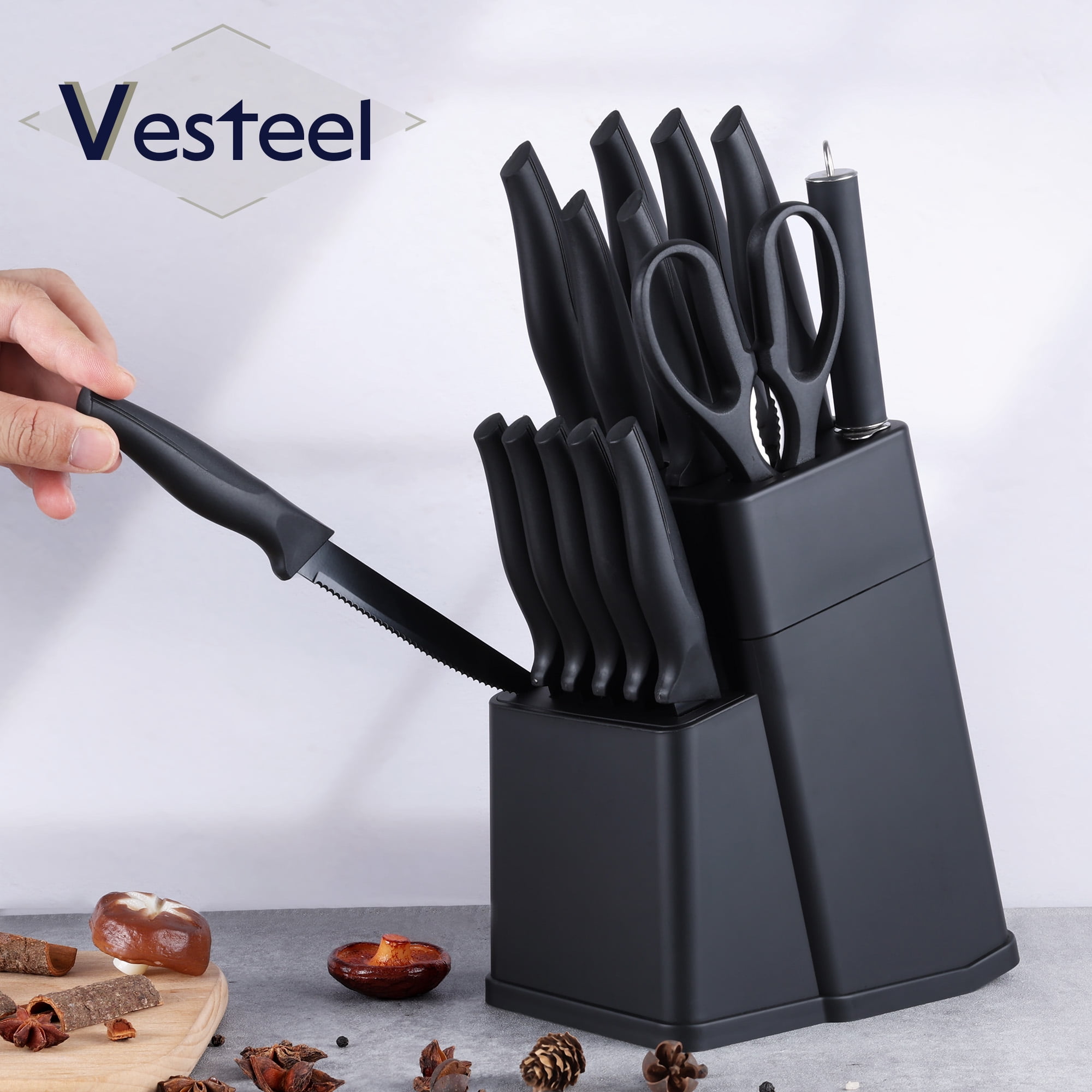Vesteel Knife Set for Kitchen with Block, 15 Pcs High Carbon Stainless Steel Kitchen Knife Set with Self Sharpening - Black