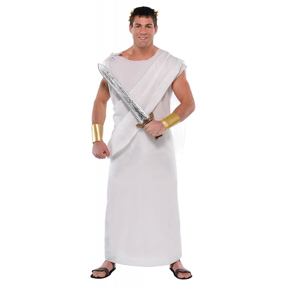 Roman Emperor Costume Long White Toga With Attached Red Velour Drape 
