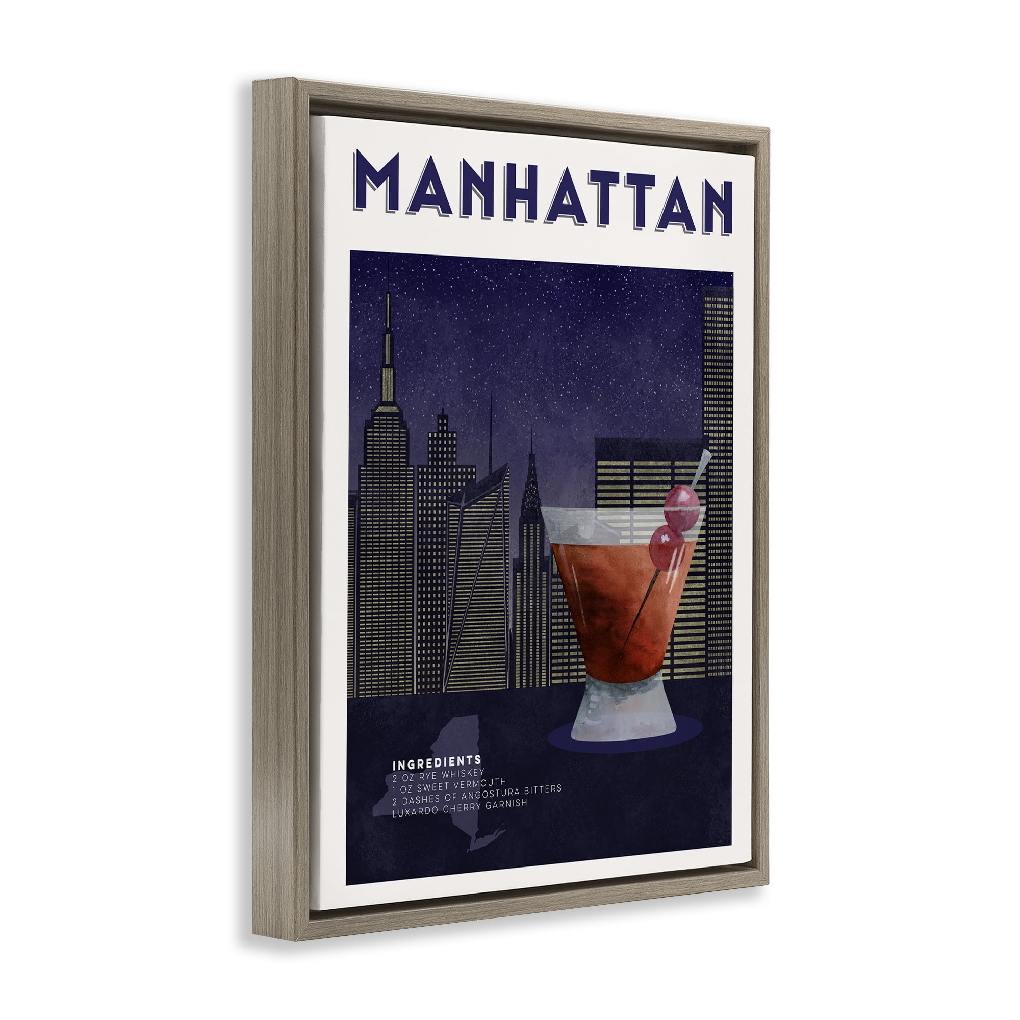 Retro Manhattan Cocktail Cityscape Brown Framed Floater Canvas Wall Art, design by Brett Blumenthal