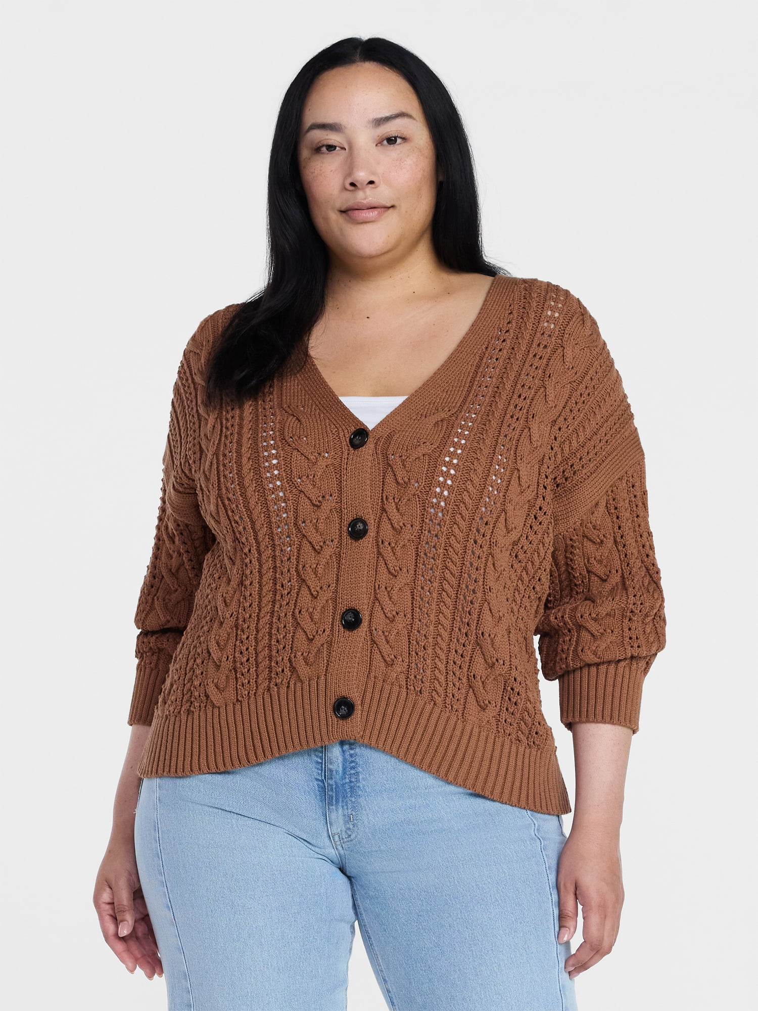 Time and Tru Women's Cable Knit Cardigan Sweater with Long Sleeves, Lightweight, Sizes XS-XXXL