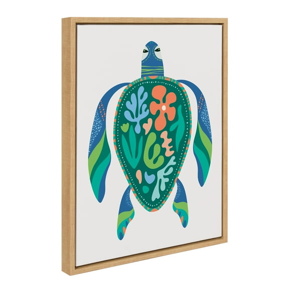Kate and Laurel Sylvie MCM Sea Turtle Framed Canvas Wall Art by Rachel Lee of My Dream Wall, 18x24 Natural, Mid-Century Modern Colorful Patterened Ocean Animal Art for Wall