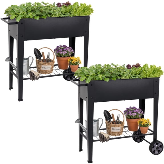 INNOSTAGE Galvanized Raised Garden Bed With Wheels and Shelf – Planter Box Outdoor for Vegetables, Flowers, Herbs, Black
